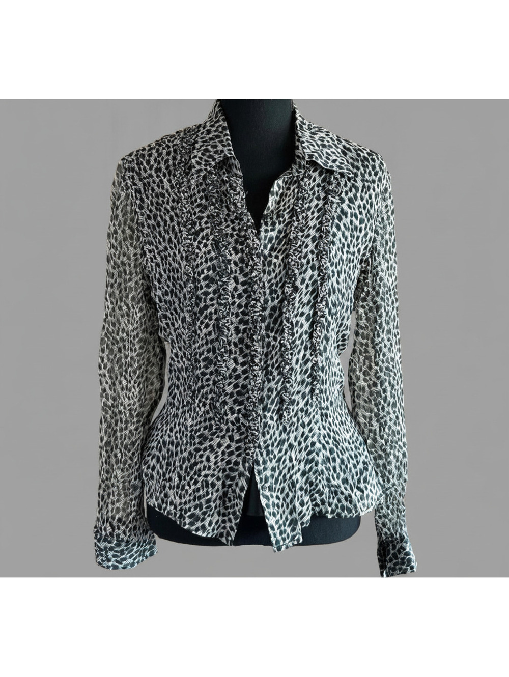 Vintage Vision Apparel Boho Chic Silk Blouse Black Leopard Print Ruffles PM